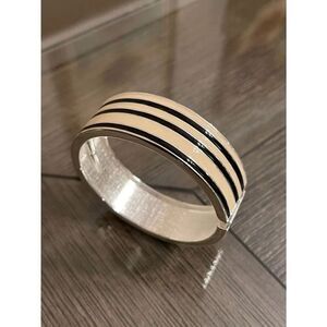 Vintage Style Black & Off White Striped Clamper Bangle Bracelet
